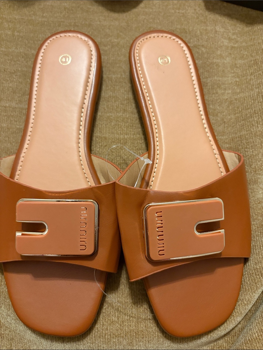 Slide Sandals with Buckle Accent in Tan